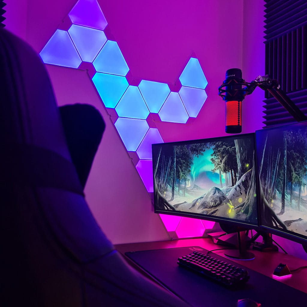 Nanoleaf light panels installed on the wall in the gaming room