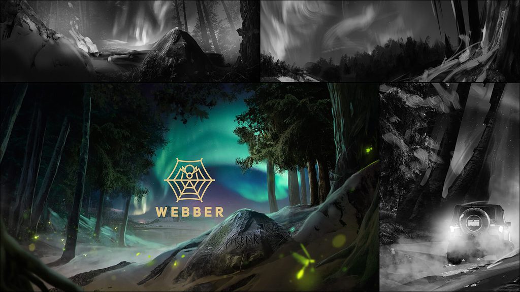 Webber brand art in woods with Aurora borealis in the sky