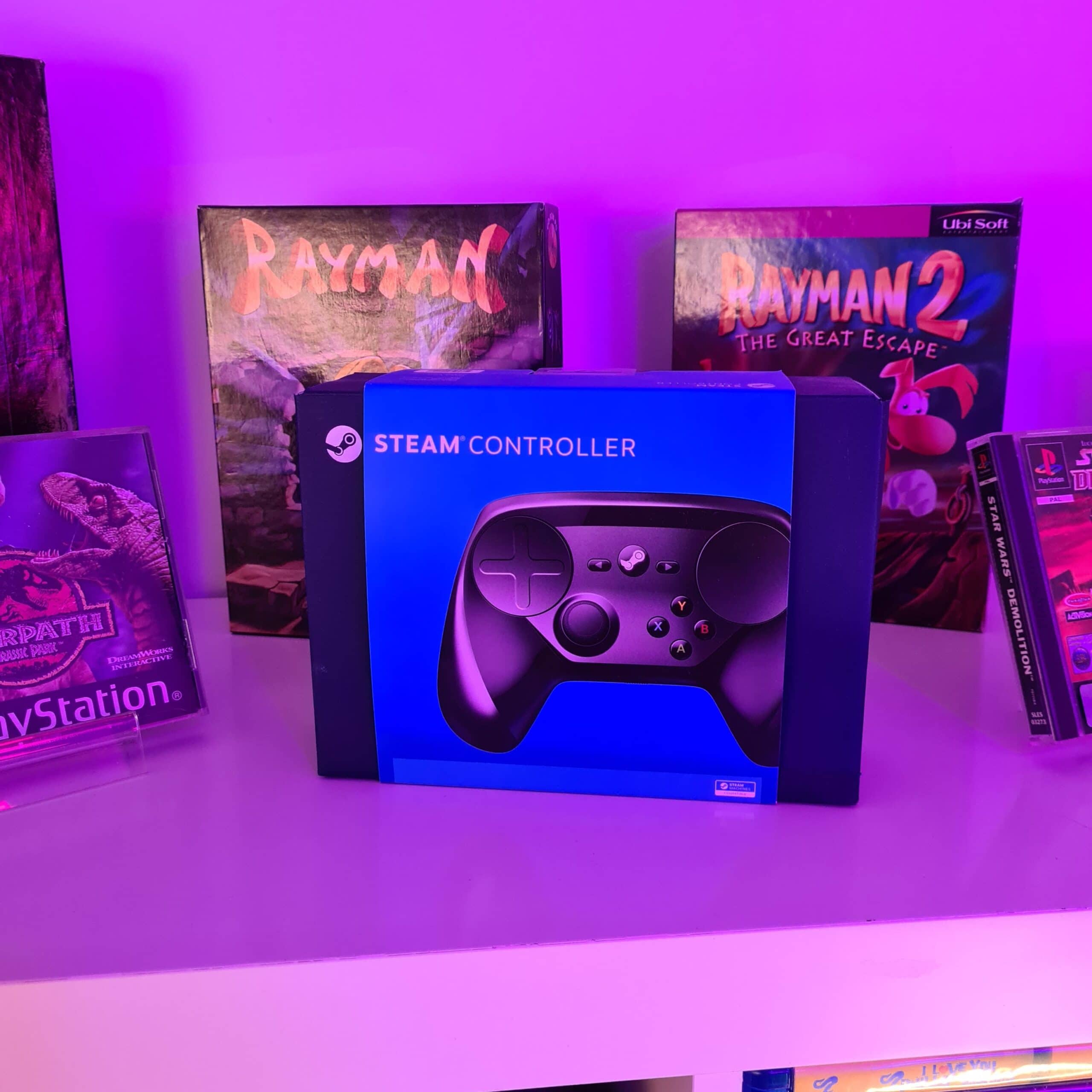 Steam controller product packages on table
