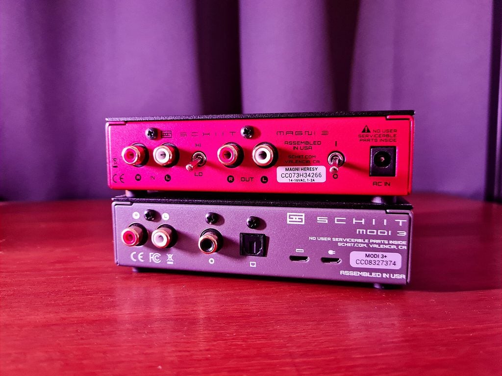 Backside of the Schiit Mangi 3 AMP and Modi 3 DAC