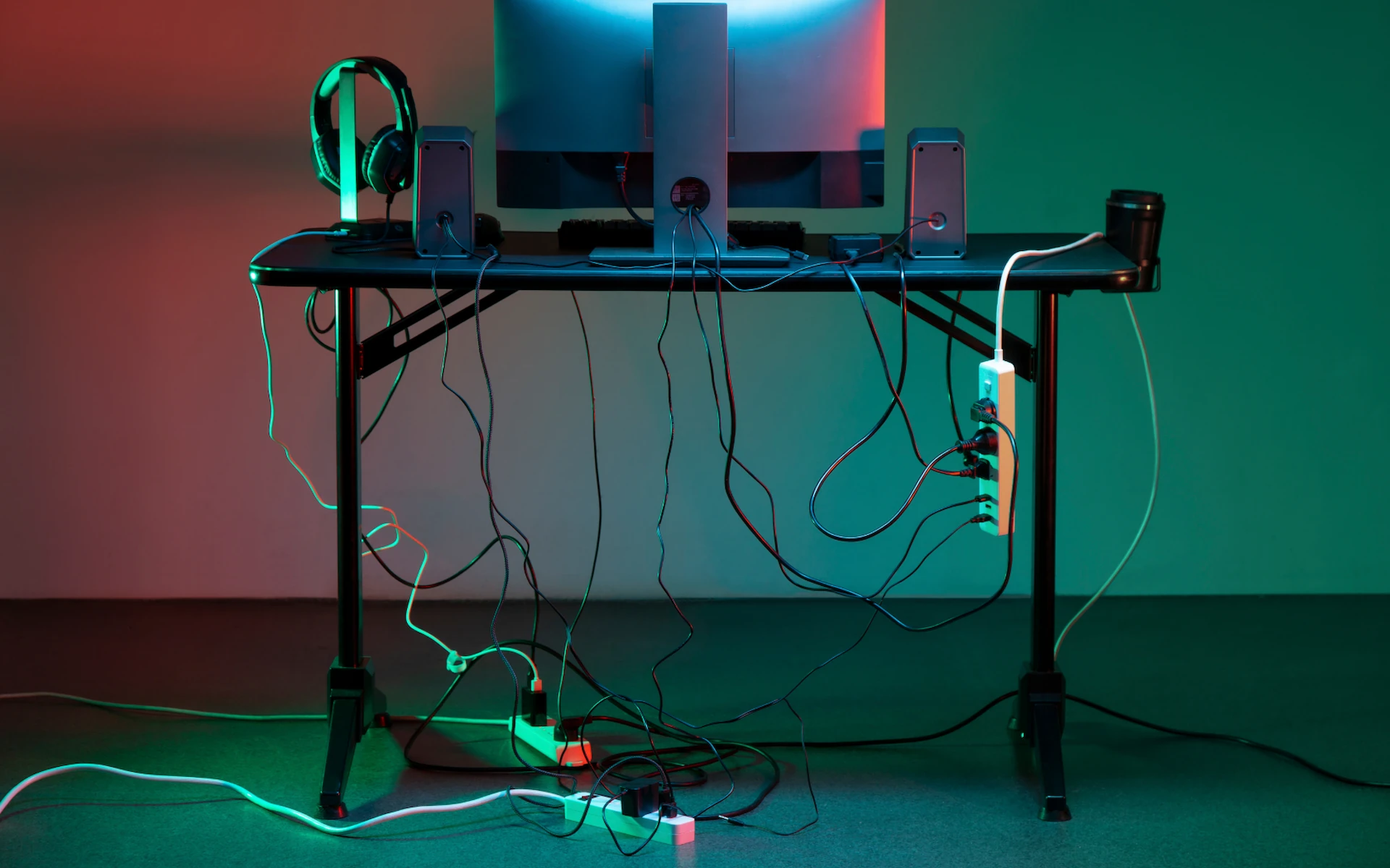 A front-view of a dark office desk with numerous messy and tangled black cables hanging down from the computer monitor, speakers, and peripherals. Several power strips are visible on the floor and side of the desk, showcasing a cluttered setup in need of cable management.